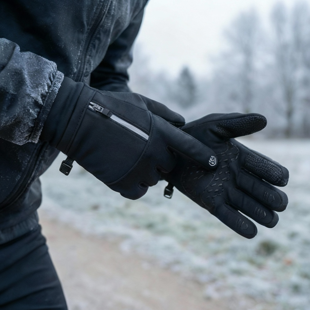 FrostGuard black gloves worn by a runner in cold weather, perfect for outdoor running, jogging, and fitness activities in winter conditions.
