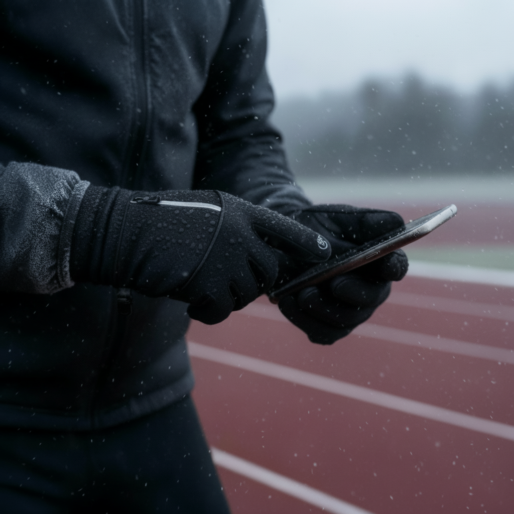 Runner wearing FrostGuard gloves using their phone outdoors, perfect for tracking runs or fitness activities in cold weather.