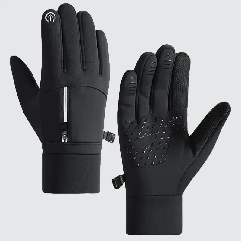 Black FrostGuard gloves with touchscreen-compatible fingertips shown from multiple angles on a white background, perfect for winter running, jogging, and outdoor workouts.