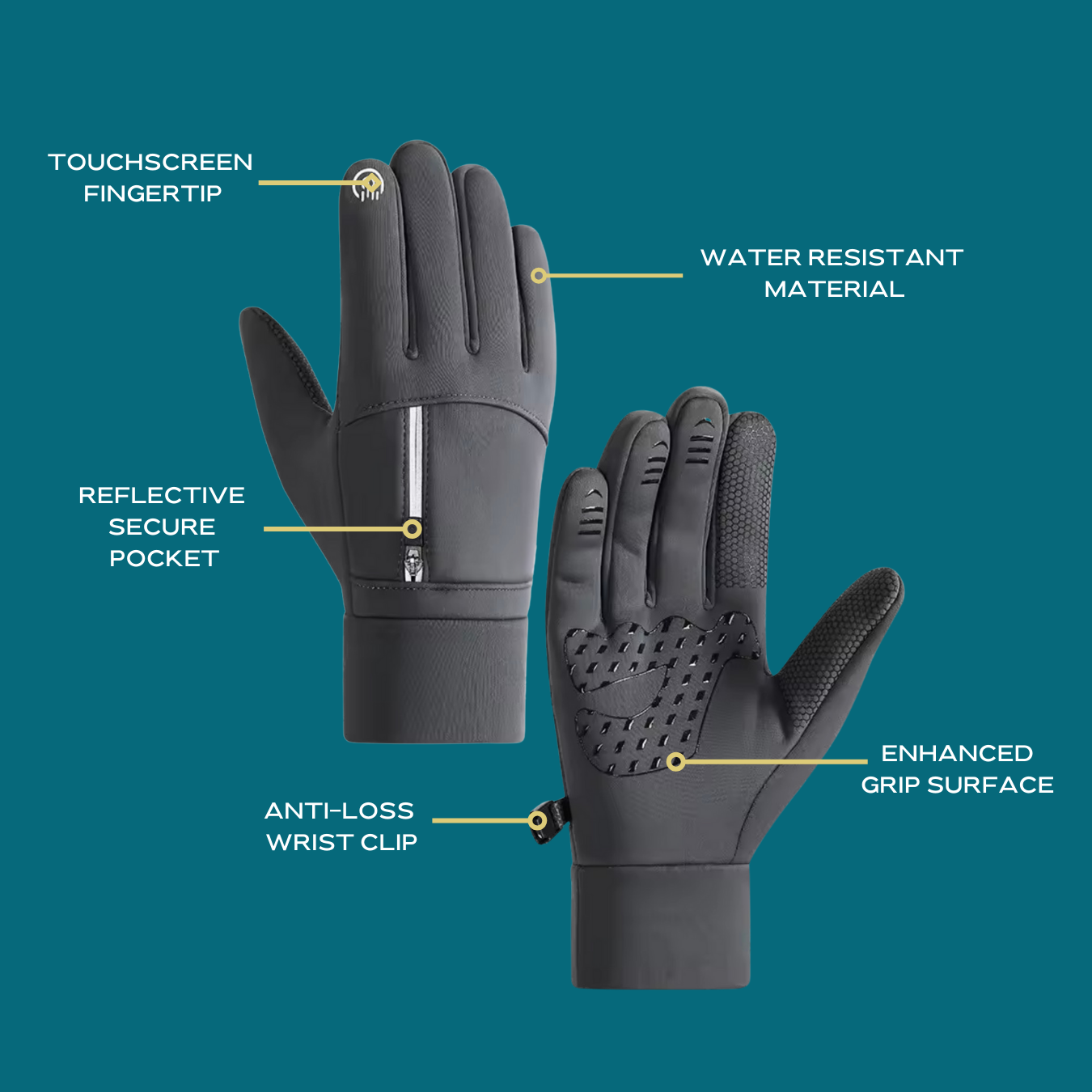 Detailed diagram of black FrostGuard winter gloves with feature highlights on a dark grey background, ideal for running, jogging, and outdoor fitness in cold conditions.