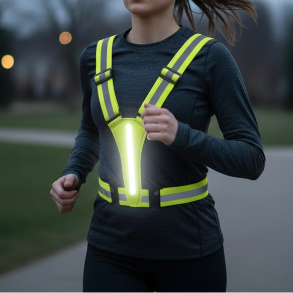 Woman running outdoors at night wearing a pink HaloVest reflective vest with built-in light, ideal for early morning, nighttime, and low-light fitness runs.