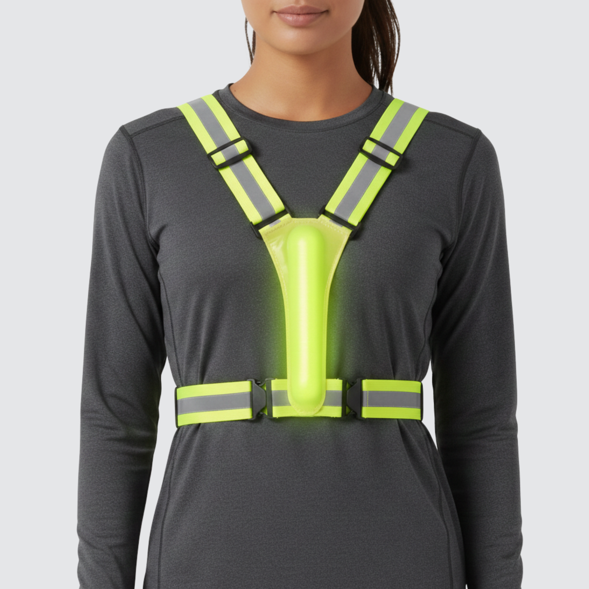 Woman wearing a yellow HaloVest reflective vest with built-in light, ideal for early morning, nighttime, and low-light fitness runs.