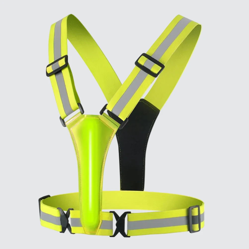 Yellow HaloVest running harness featuring reflective stripes on a white background, ideal for night runs, early morning jogging, and safe outdoor running workouts.