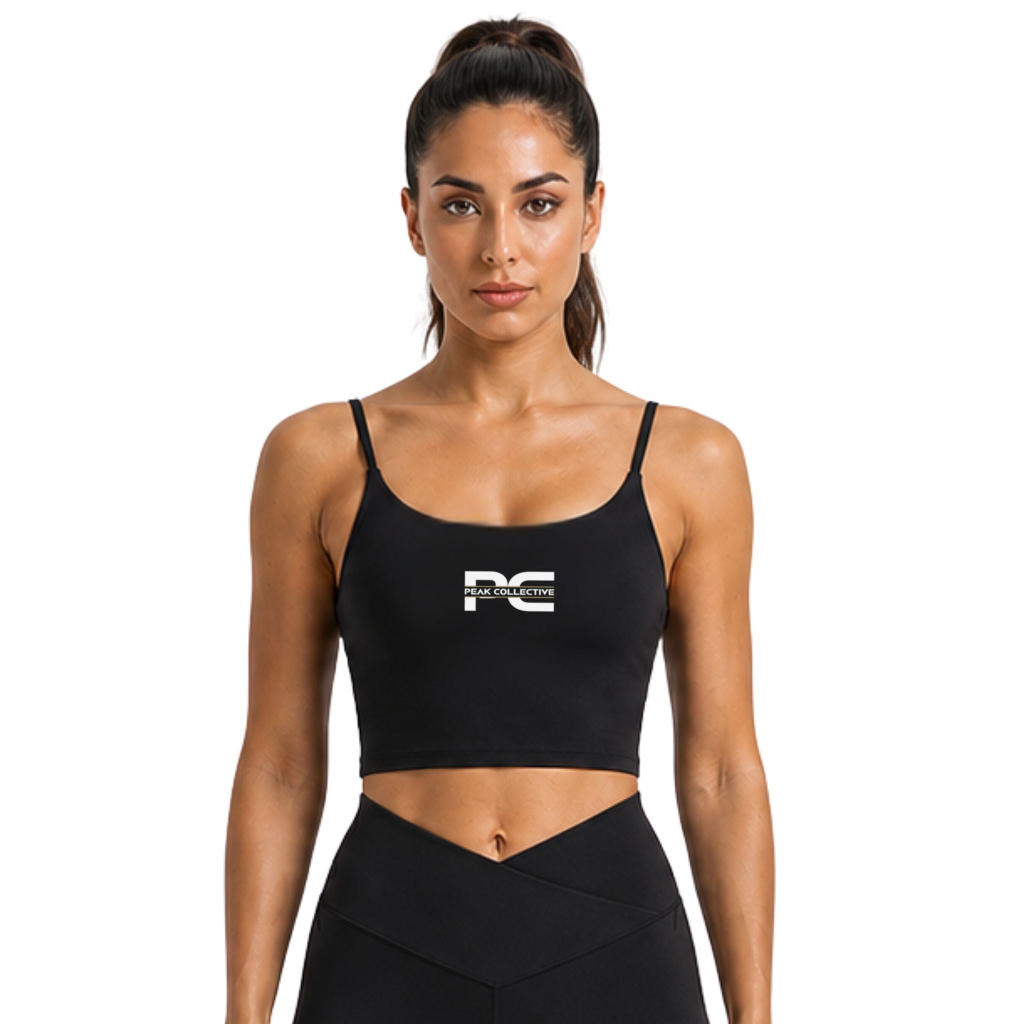 Women wearing black LumaCrop performance crop top and LumaLeggings activewear set with Peak Collective logo on white background – matching women’s gym outfit for running, training, fitness workouts, yoga, and everyday activewear wear