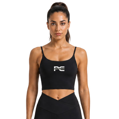 Women wearing black LumaCrop performance crop top and LumaLeggings activewear set with Peak Collective logo on white background – matching women’s gym outfit for running, training, fitness workouts, yoga, and everyday activewear wear