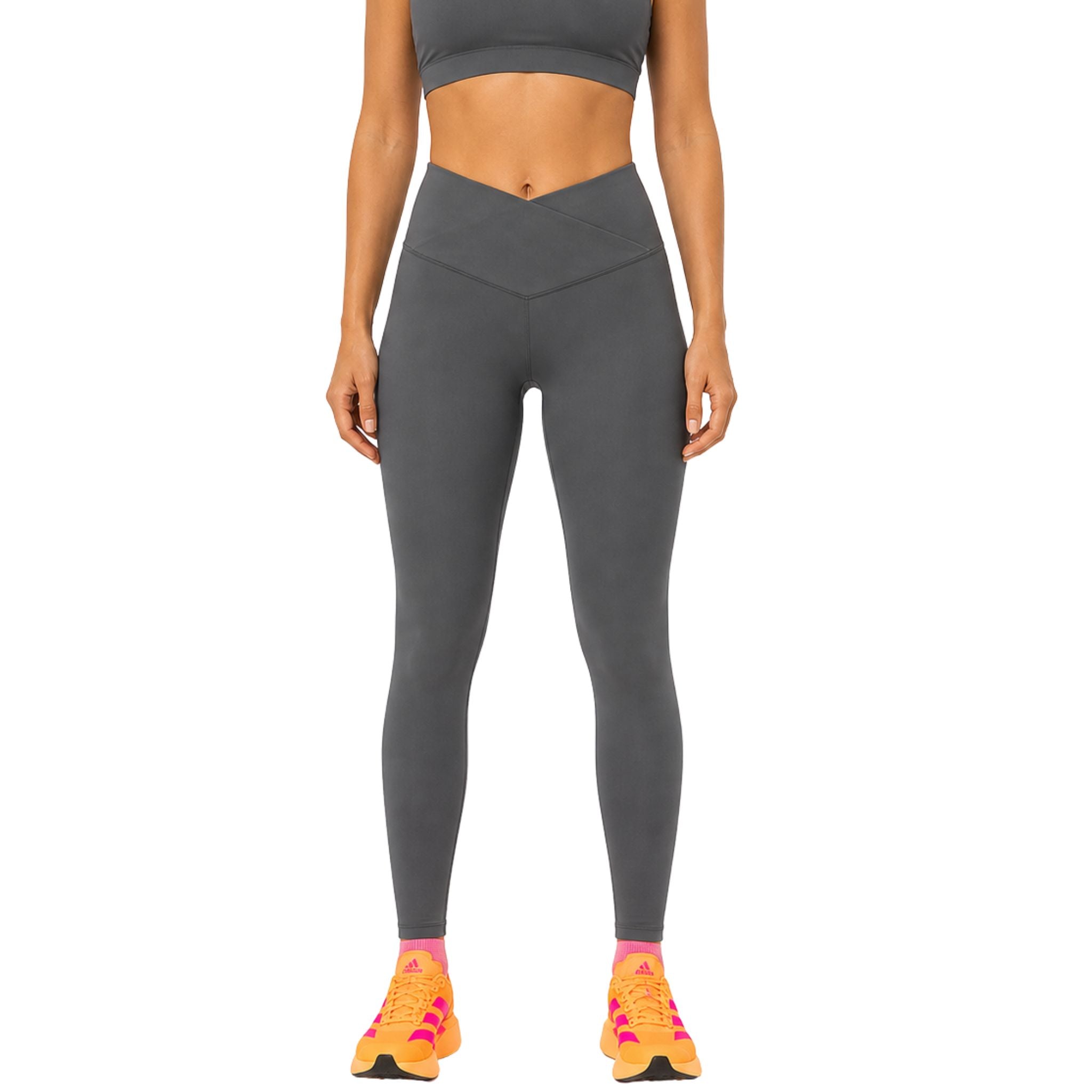 Front view of grey LumaLeggings women’s performance leggings on white background – high-waisted women’s activewear leggings for running, gym training, yoga workouts, fitness, and everyday wear