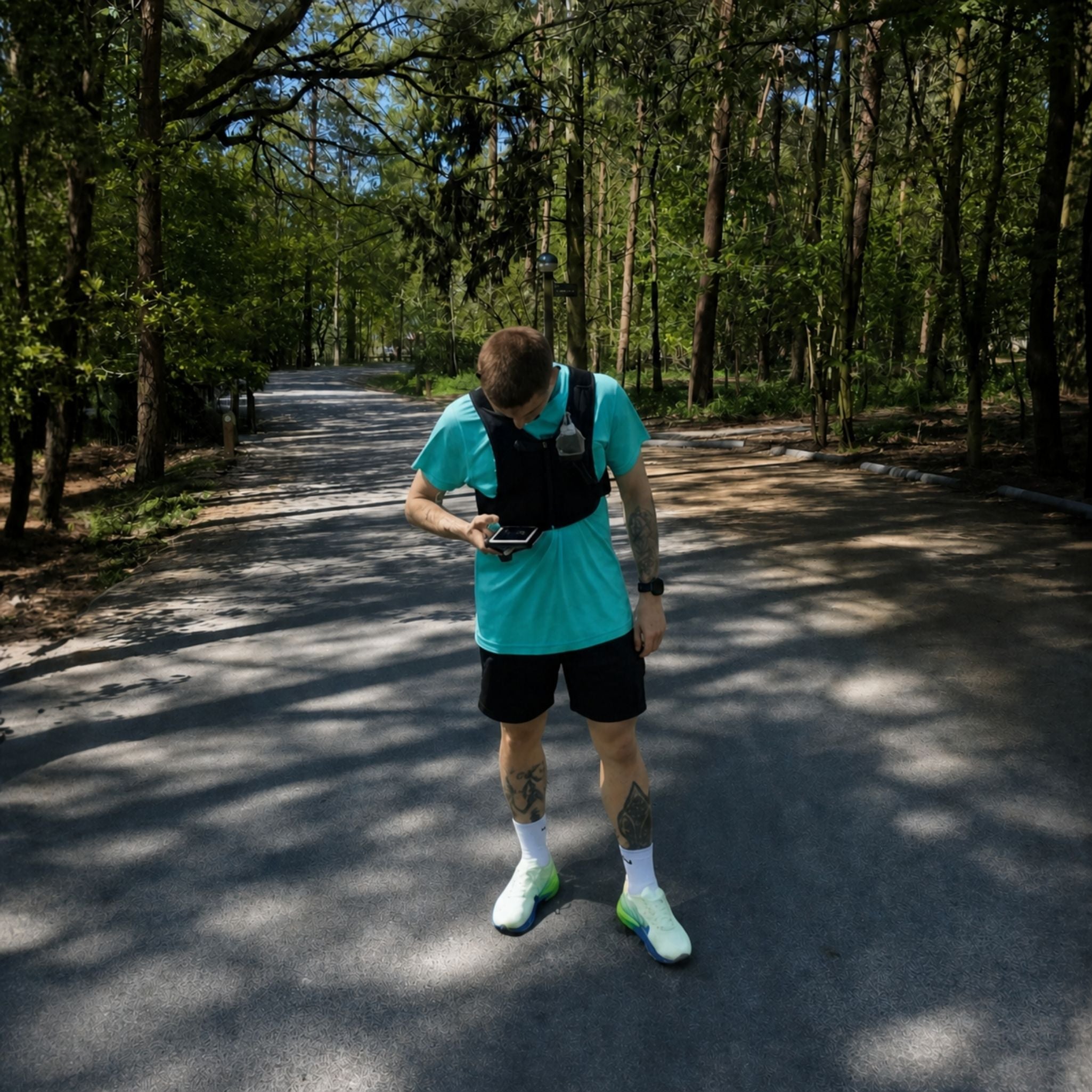 Male trail runner wearing MagnaVest running hydration vest, accessing smartphone through touch-responsive integrated phone pocket during outdoor run