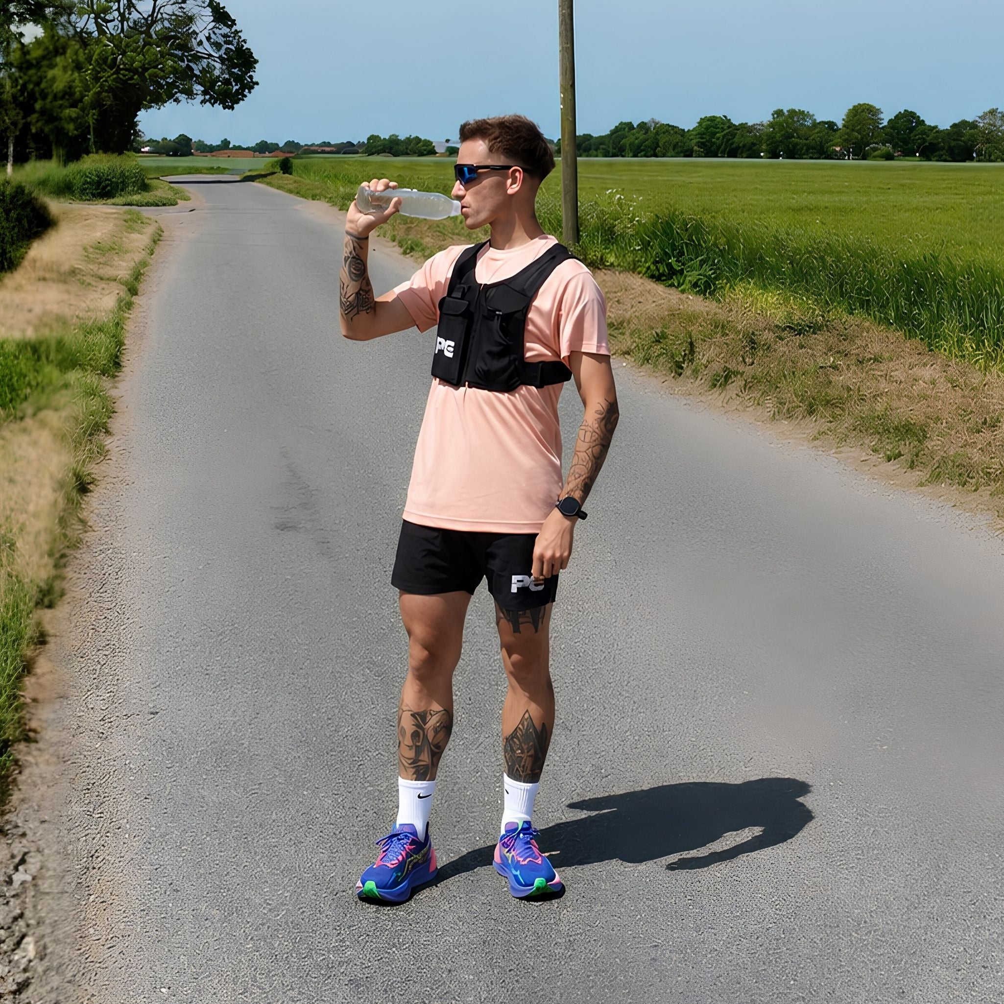 Male stood drinking from PeakHydra soft flex hydration bottle, wearing Peak Collective MagnaVest running vest with magnetic closure phone pocket.