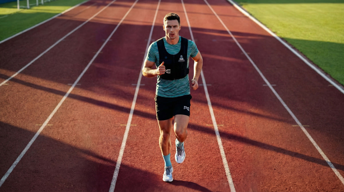Male running on athletic track wearing MagnaVest