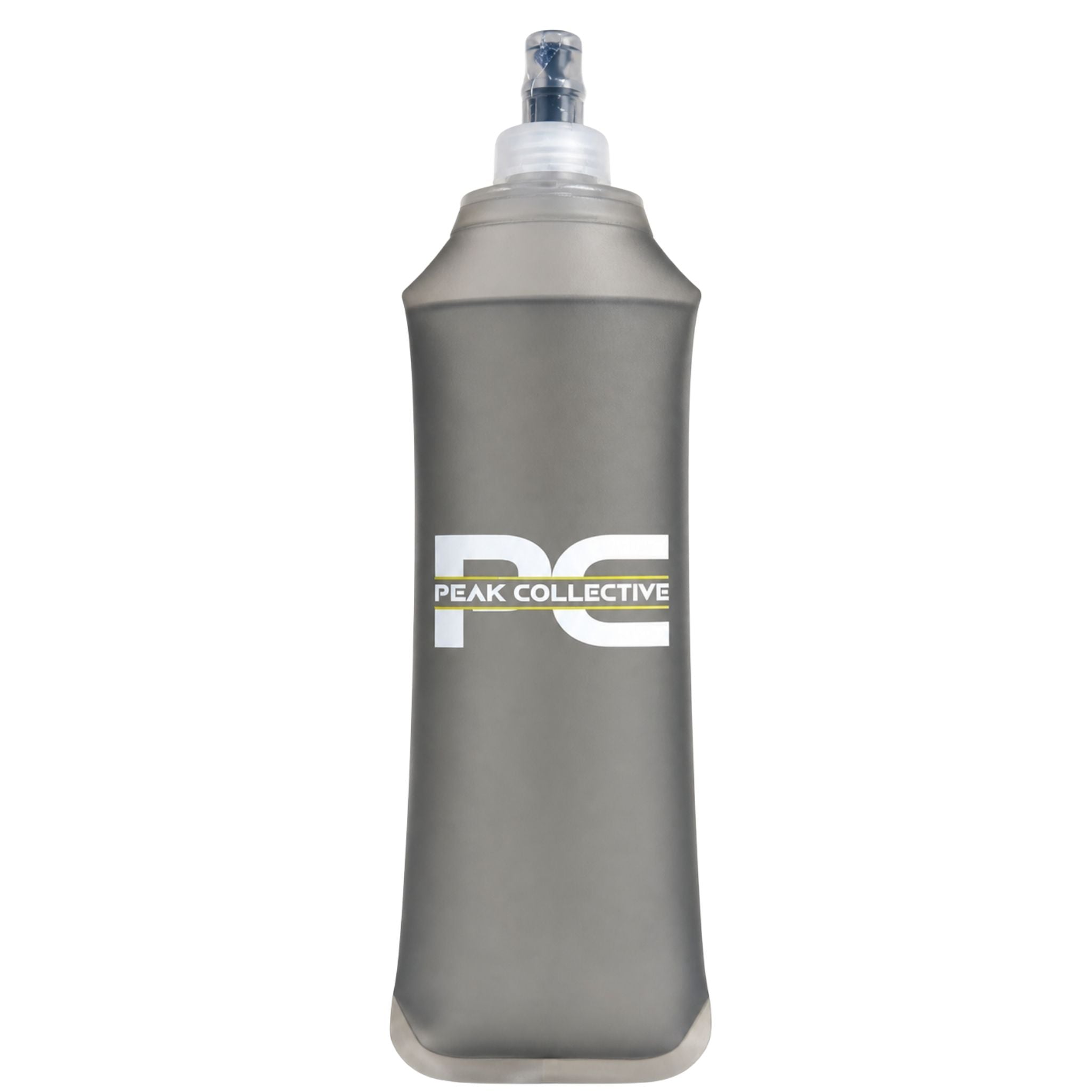 Grey PeakHydra soft running water bottle with Peak Collective logo on a white background, designed for lightweight hydration during running, training, and outdoor activity.