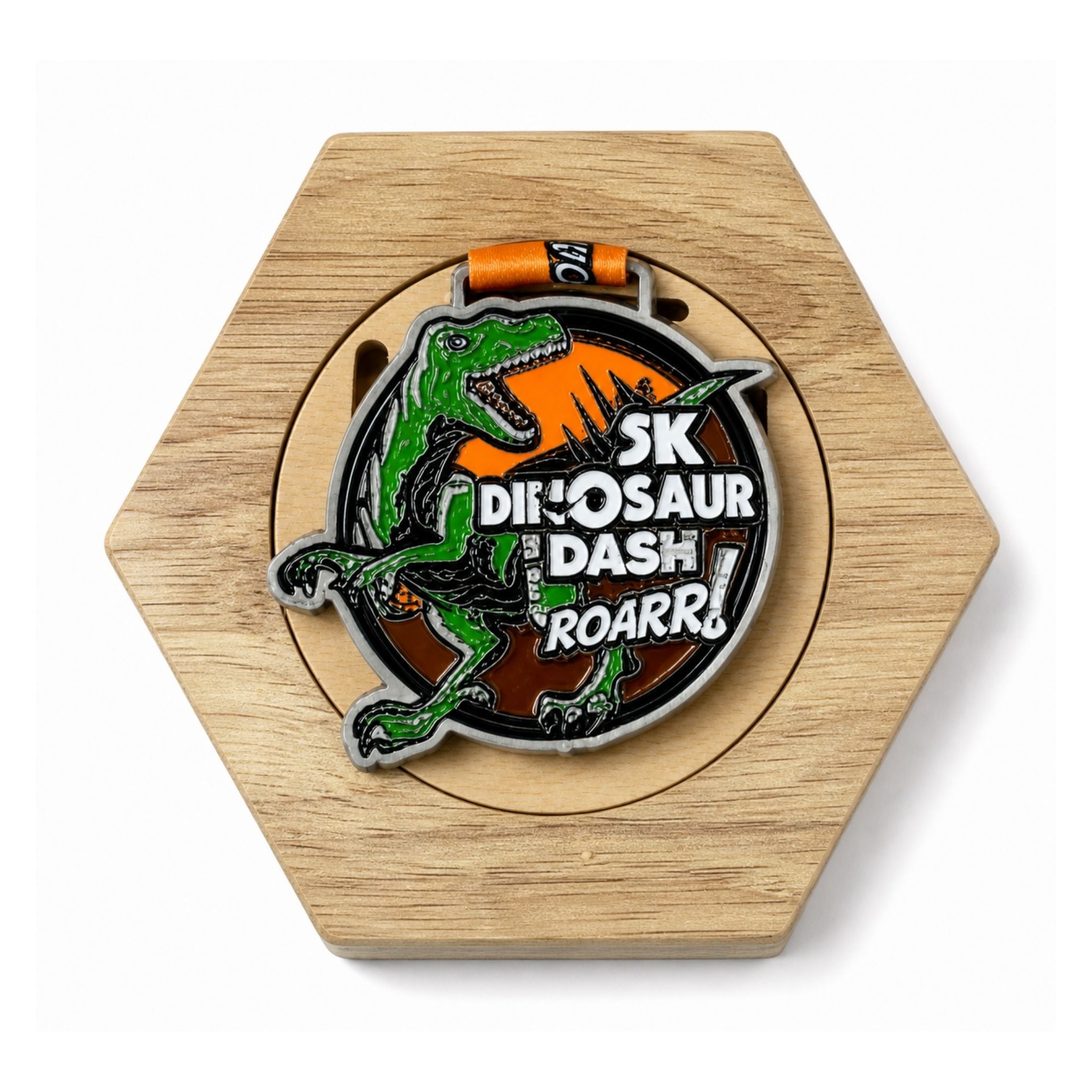 Hexagonal wooden medal display by PeakMedal with circular central design holding a medal on light grey background – wall-mounted medal holder for showcasing running, sports achievements, race medals, and athletic awards
