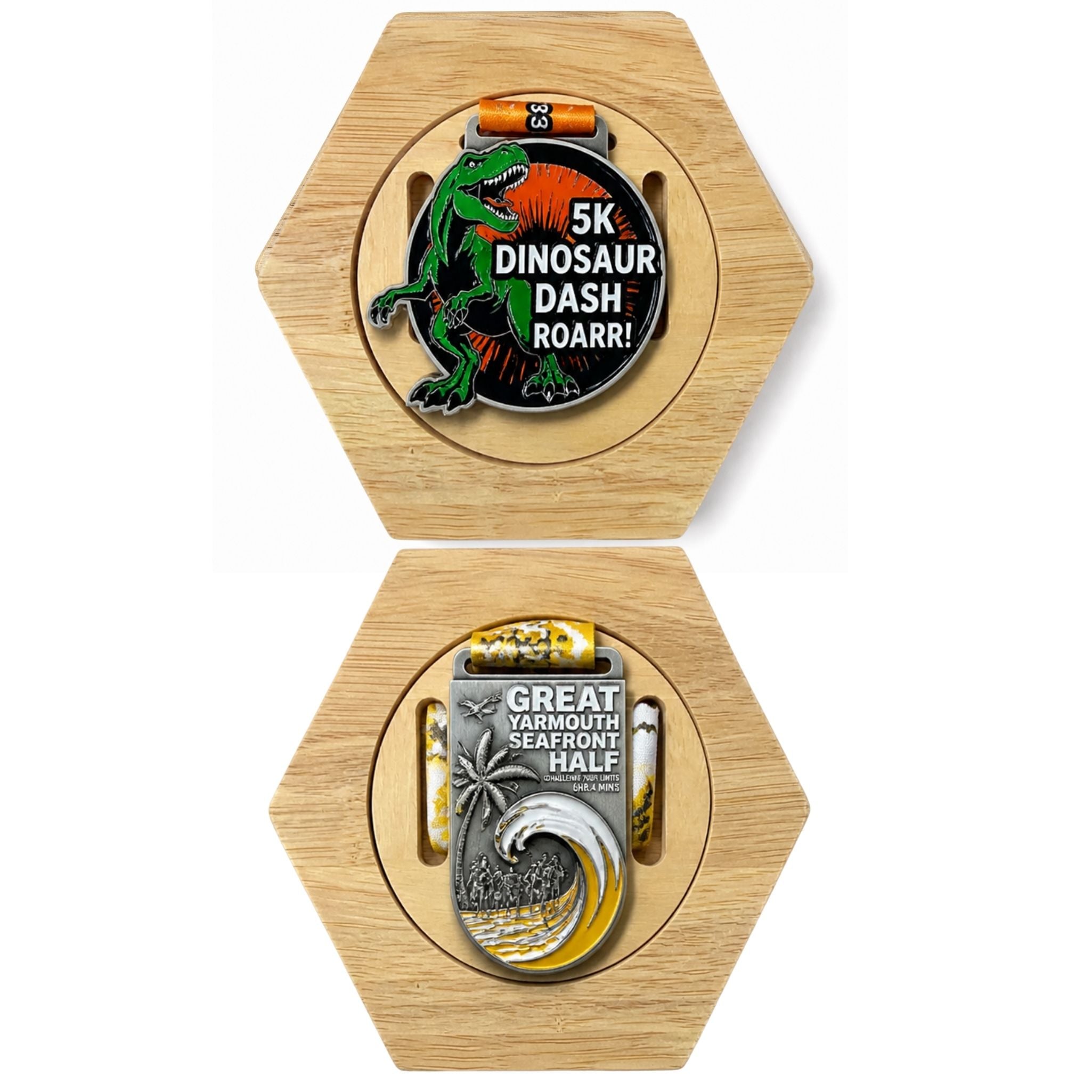 Two hexagonal wooden medal displays with engraved metal coins on white background – premium wall-mounted holders for showcasing running medals, sports achievements, commemorative coins, and athletic awards
