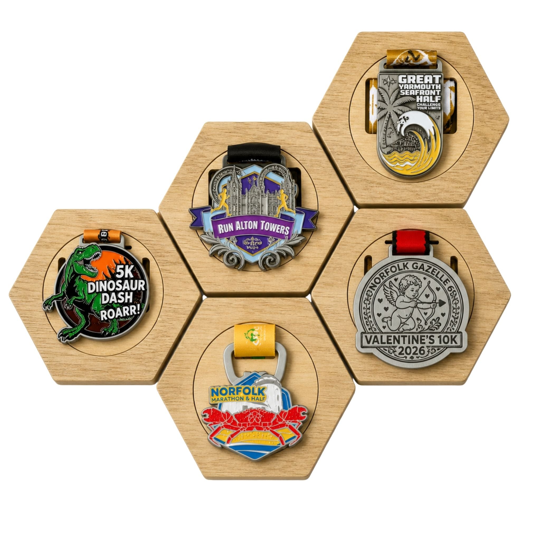 Five-piece hexagonal wooden medal display set with engraved metal coins on white background – modular wall-mounted holders for showcasing running medals, sports achievements, commemorative coins, and athletic awards