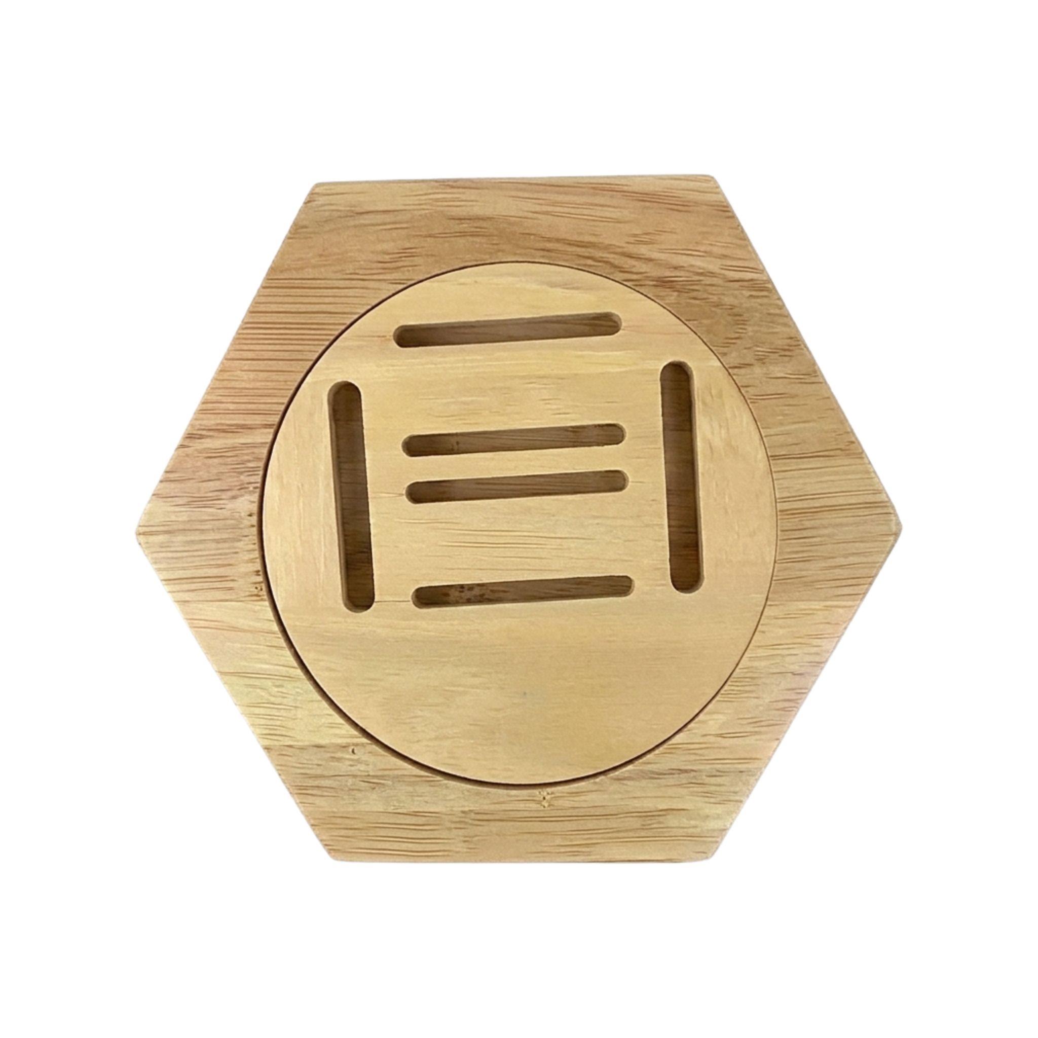 1 piece hexagonal wooden medal display from PeakMedal with circular central design on a light grey background, ideal for showcasing running and sports medals.