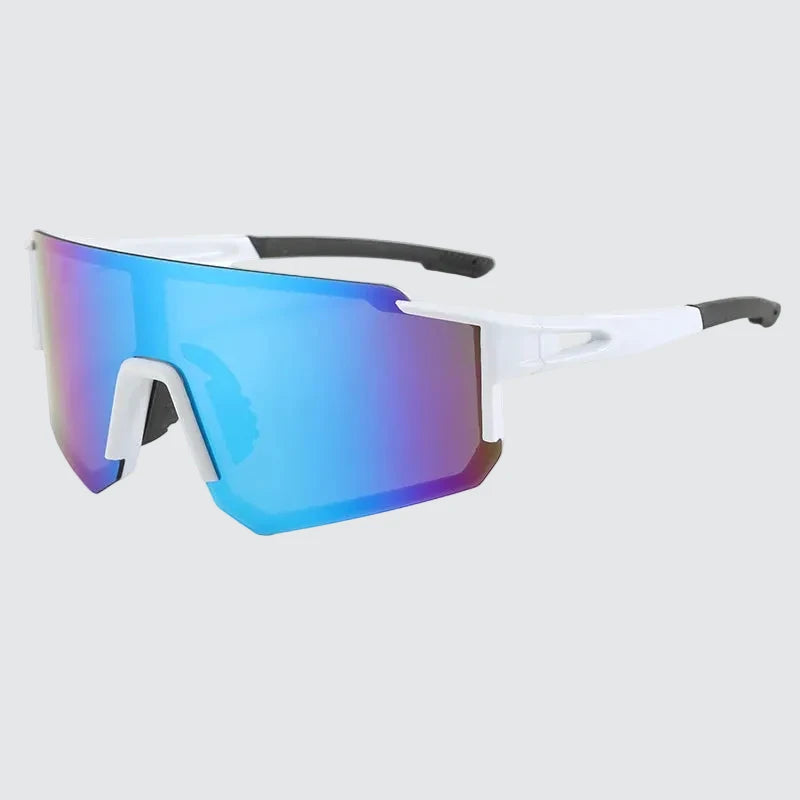 Front view of Blue Fade sunglasses with white frame for outdoor running, fitness, and athletic performance, displayed on a white background.