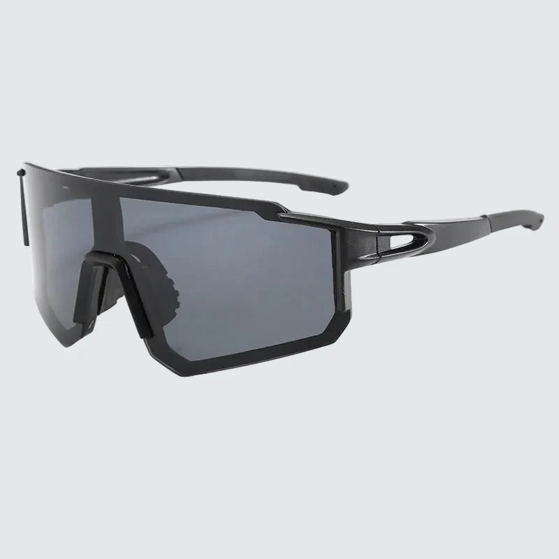 Close-up of black StormLens sunglasses with black frames on a white background, ideal for runners, athletes, and outdoor sports enthusiasts.