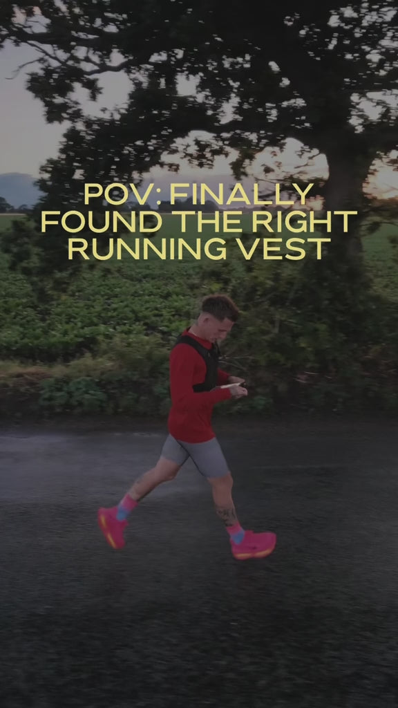 UGC reel of runner wearing MagnaVest running vest featuring a magnetic closure phone pocket, lightweight fit and front hydration storage.”